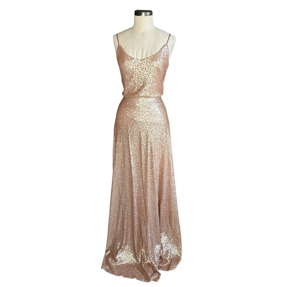 REVELRY Matte Rose Gold Sequin Maxi Gown Dress Women's Size 2 Glam Sparkly